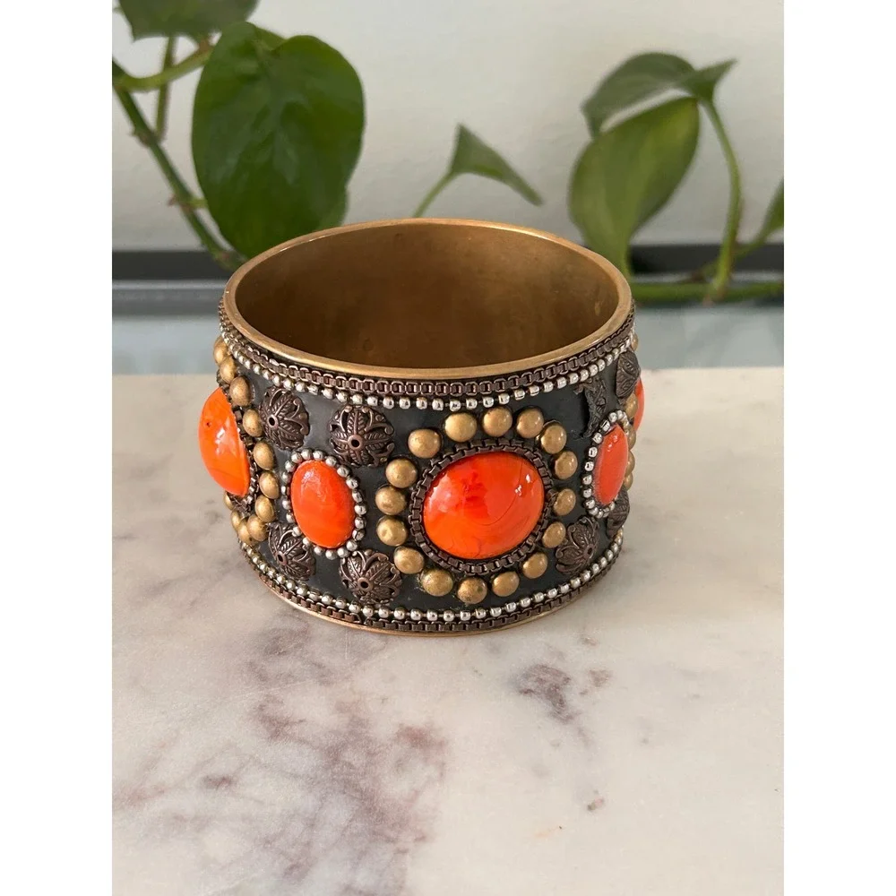 Vintage Boho Wide Cuff Bangle Bracelet Orange Cabochon Brass Tone Studded Ethnic